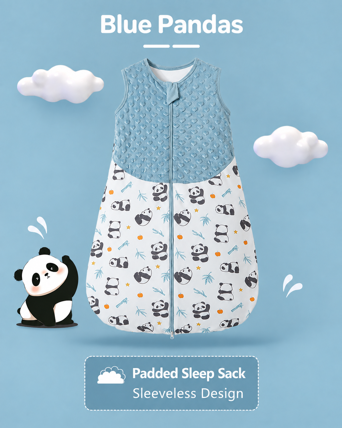 Blue sleeveless padded baby sleep sack with a textured upper panel, panda and bamboo print, and a front zipper