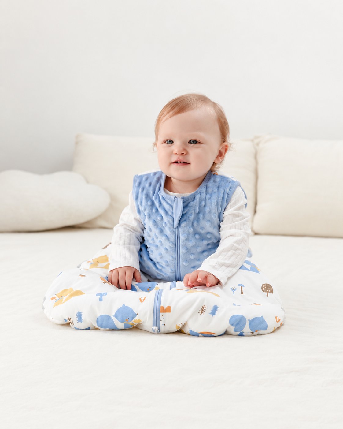 Baby sitting upright in the blue Happy Squirrels sleeveless sleep sack, showing textured front panel and printed lower section