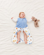 Happy Squirrels sleep sack with the front zipper partly opened from the lower end