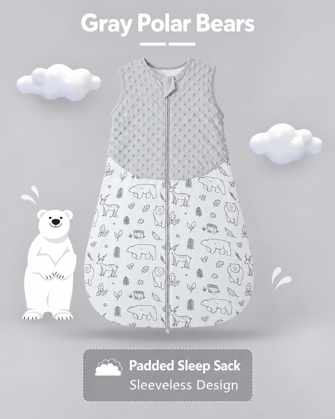 Gray sleeveless padded baby sleep sack with a textured upper panel, bears and woodland animals print, and a front zipper