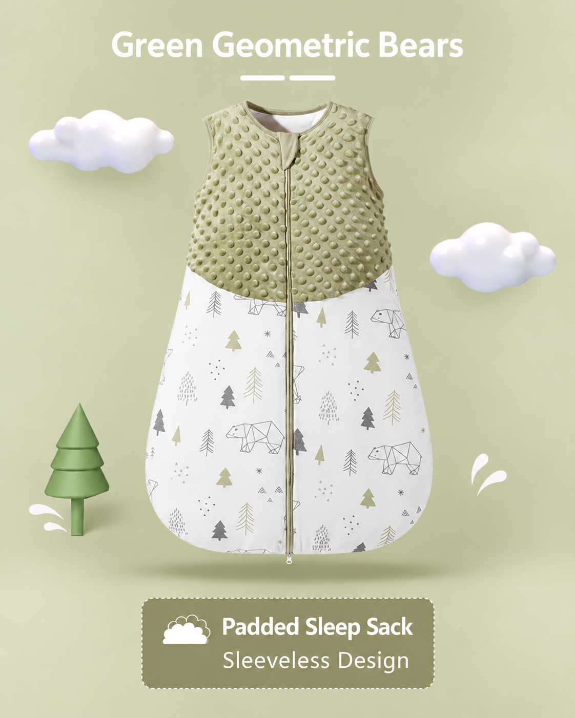 Green sleeveless padded baby sleep sack with a raised-dot upper panel, geometric bears and trees print, and a front zipper