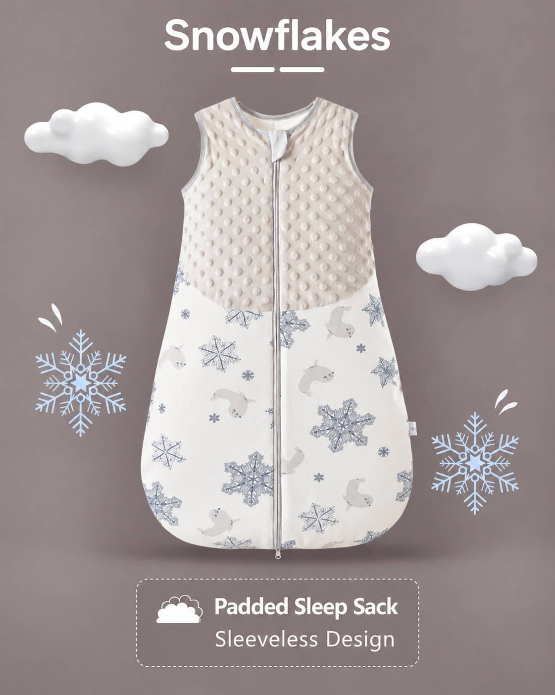 Ivory sleeveless padded baby sleep sack with a raised-dot upper panel, snowflakes and narwhals print, and a front zipper
