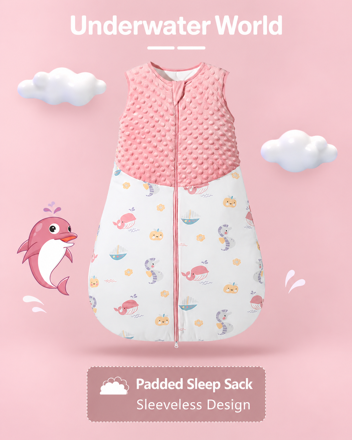 Pink sleeveless padded baby sleep sack with a raised-dot upper panel, whales, seahorses and sea-life print, and a front zipper