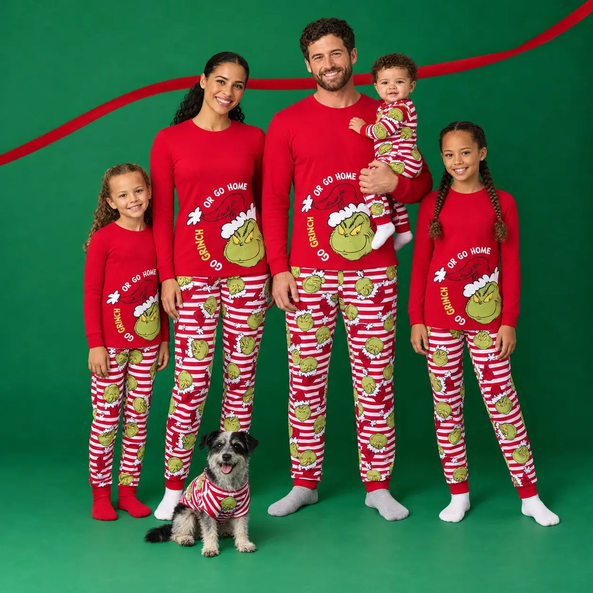 Grinch-Partnerlook-Weihnachtspyjamas für die ganze Familie – inklusive Hundepyjama