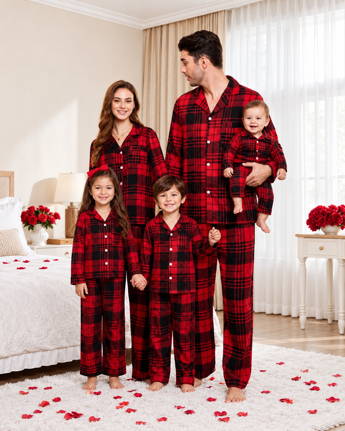 Matching family cotton flannel pajamas in red and black plaid, with adult and kids two-piece sets and a baby romper.