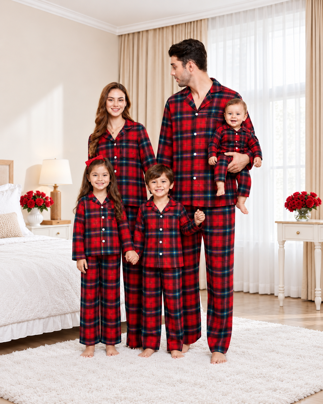 Matching family cotton flannel pajamas in red and blue plaid, with adult and kids two-piece sets and a baby romper.