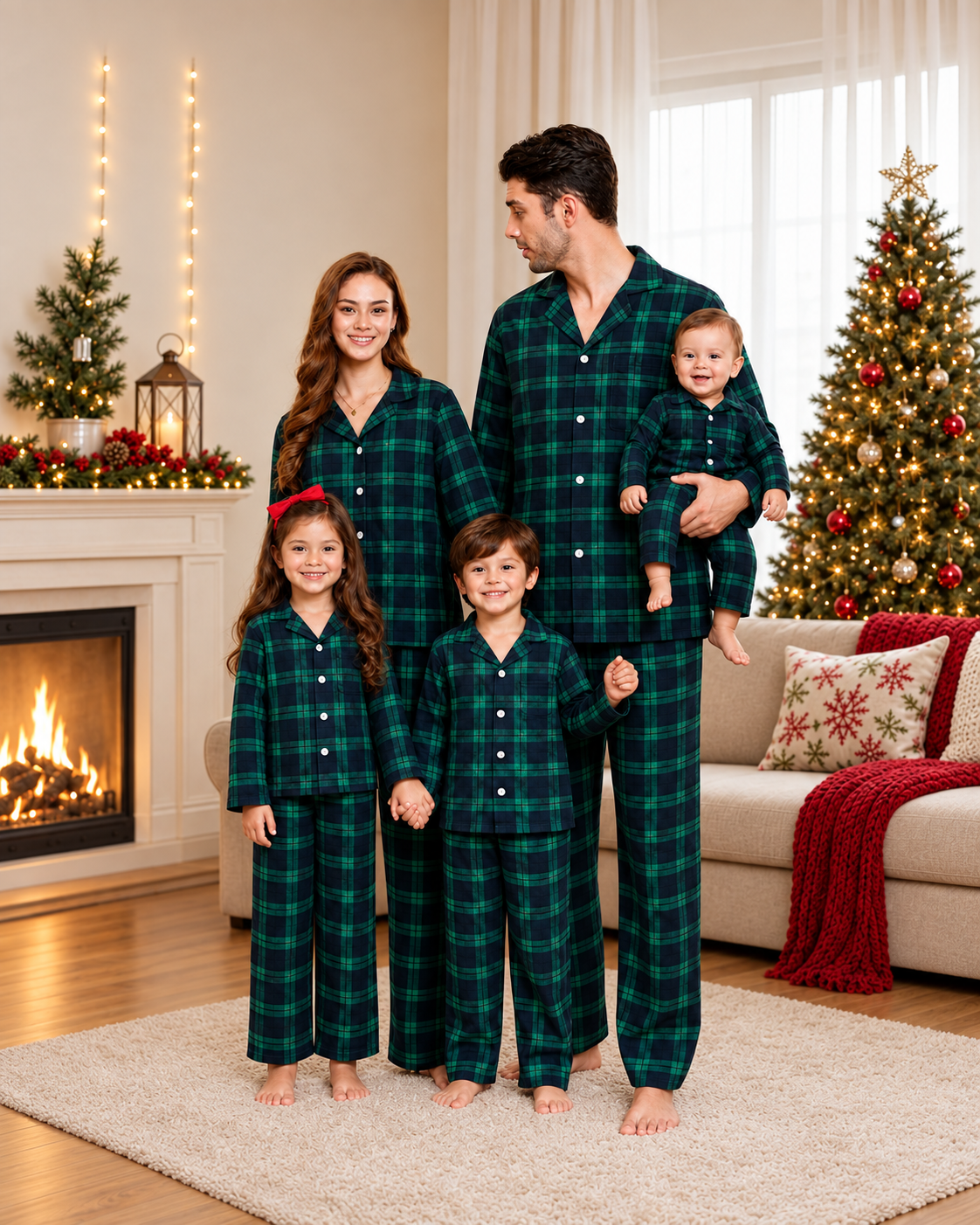 Matching family cotton flannel pajamas in green and black plaid, with adult and kids two-piece sets and a baby romper.
