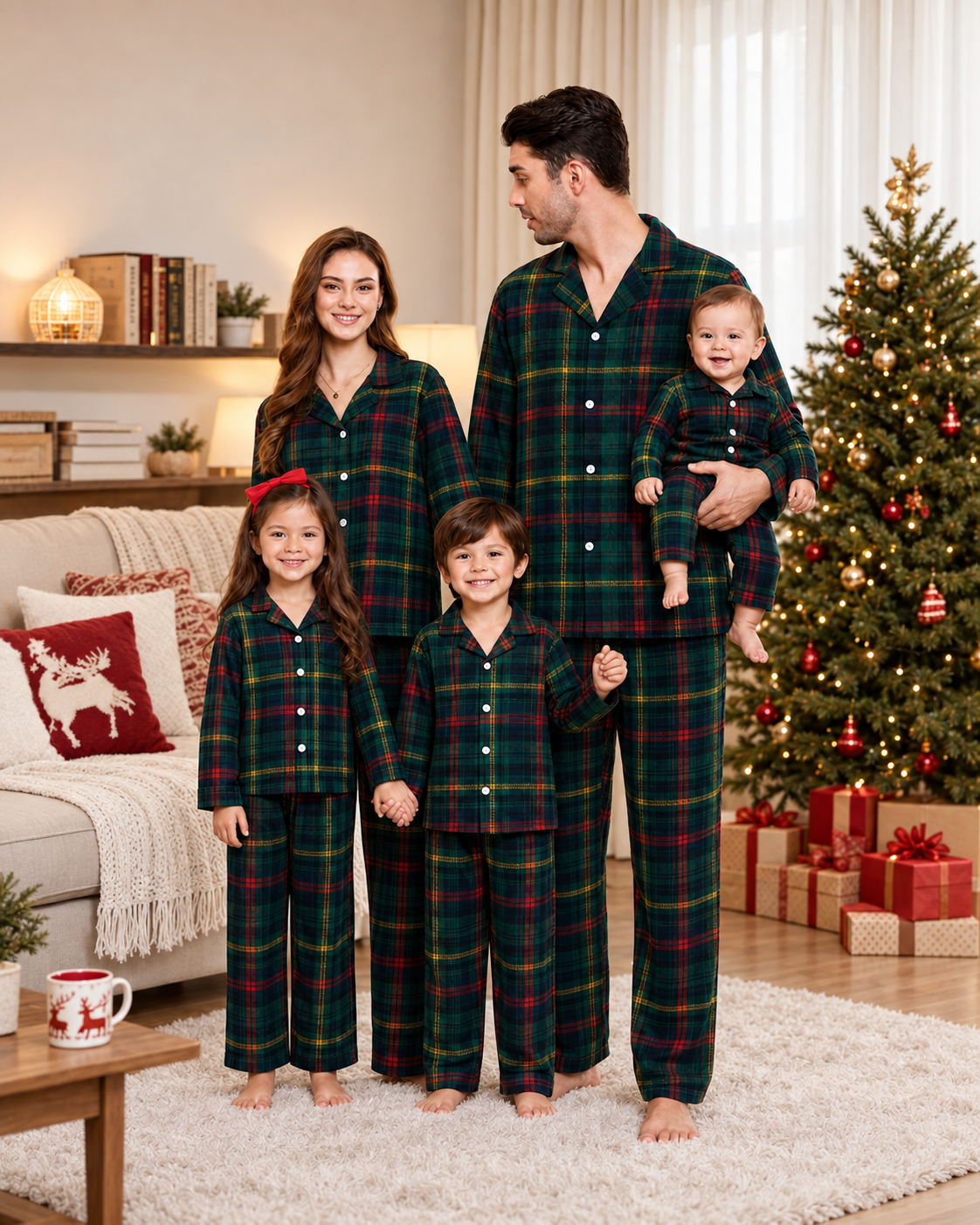 Matching family cotton flannel pajamas in dark green tartan, with adult and kids two-piece sets and a baby romper.