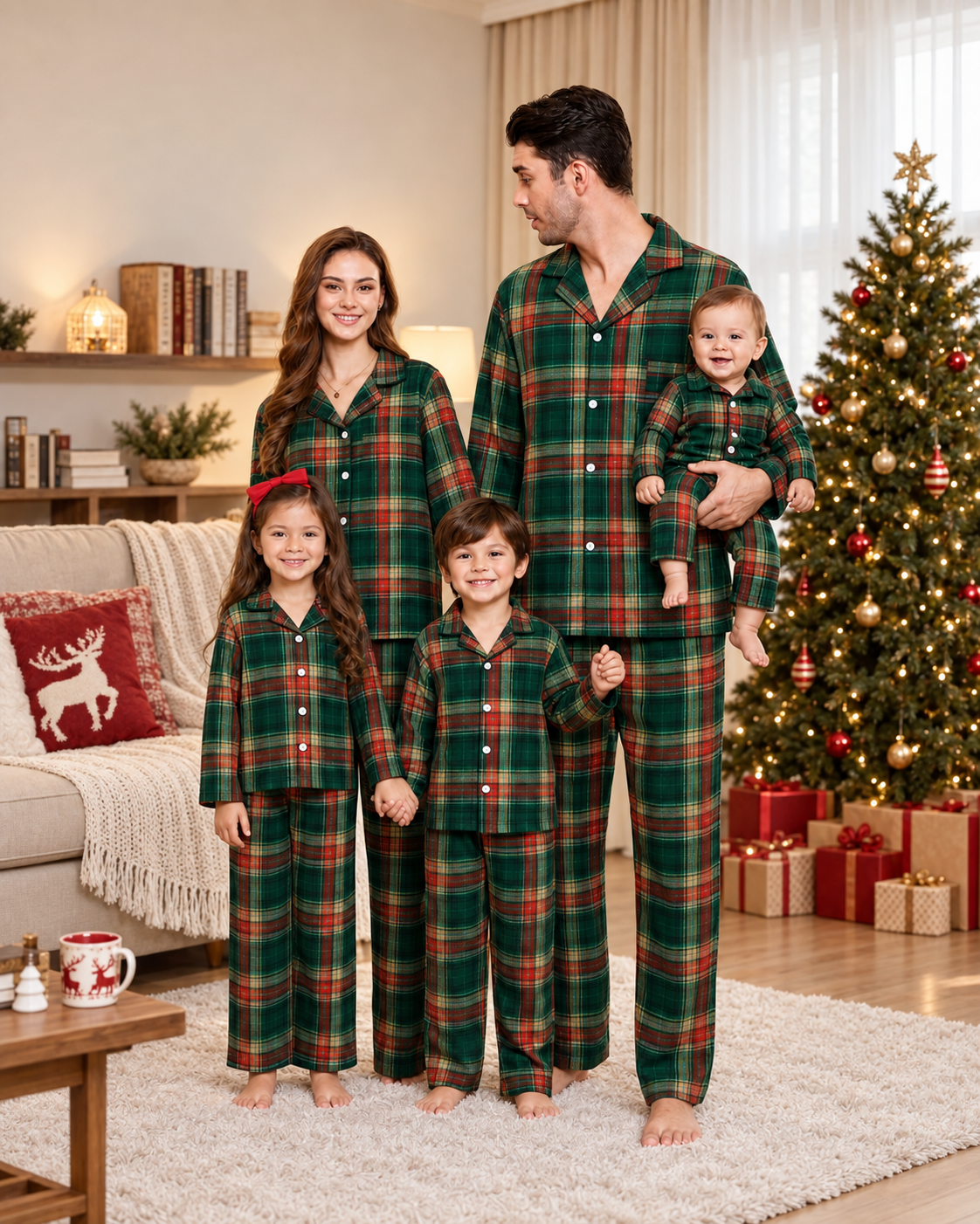 Matching family cotton flannel pajamas in light green tartan, with adult and kids two-piece sets and a baby romper.