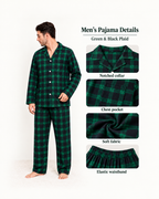 Men's green and black plaid cotton flannel pajama set with close-ups of its notched collar, chest pocket, soft fabric and elastic waistband.