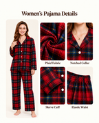Women's red and navy plaid pajamas with fabric, notched collar, sleeve cuff and elastic waistband details