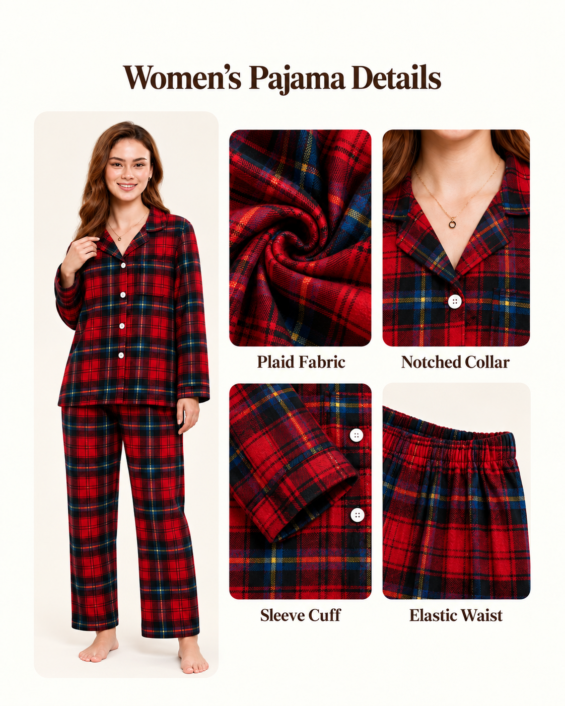 Women's red and navy plaid pajamas with fabric, notched collar, sleeve cuff and elastic waistband details