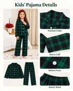 Kids' green and black plaid pajamas with notched collar, sleeve cuff, button front and elastic waistband details