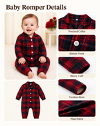 Baby plaid romper with notched collar, button front, sleeve cuff, footless hem and fabric details