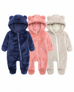 Baby bear-ear hooded fleece one-pieces in navy blue, coral pink and ivory