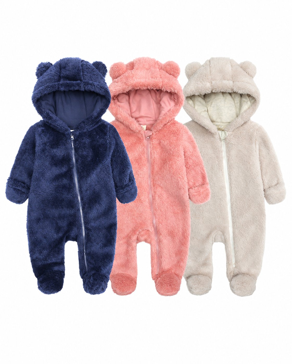 Baby bear-ear hooded fleece one-pieces in navy blue, coral pink and ivory