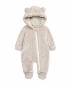 Ivory baby hooded fleece one-piece with bear ears and covered feet
