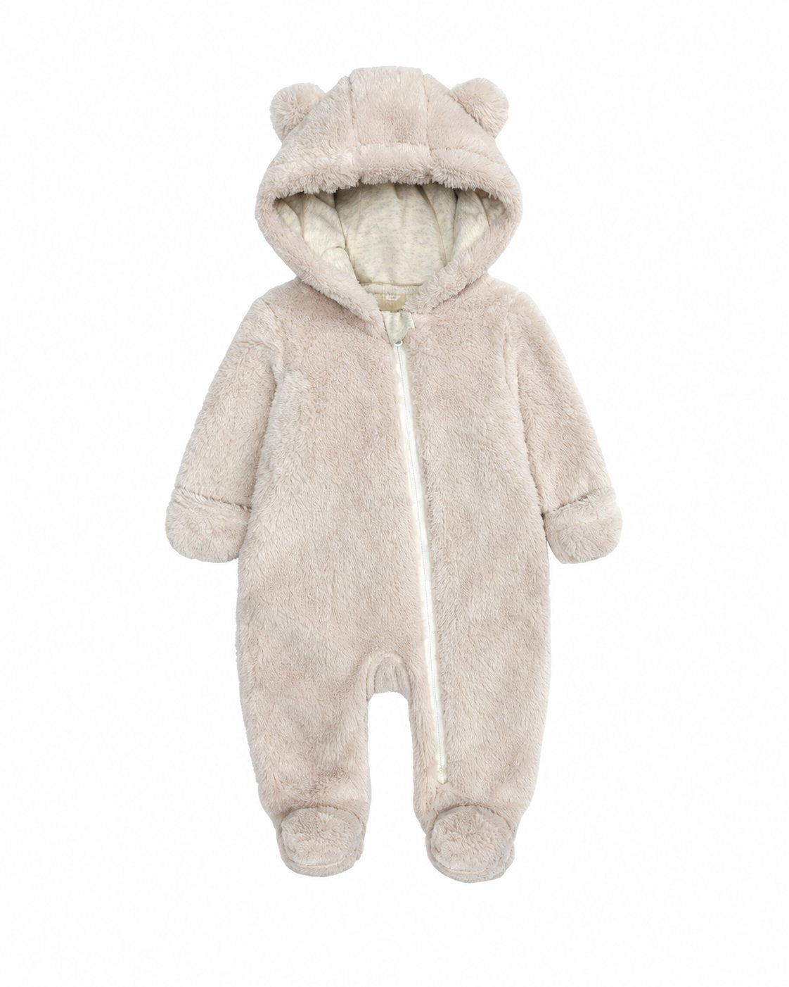 Ivory baby hooded fleece one-piece with bear ears and covered feet