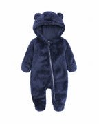 Navy blue baby hooded fleece one-piece with bear ears and covered feet