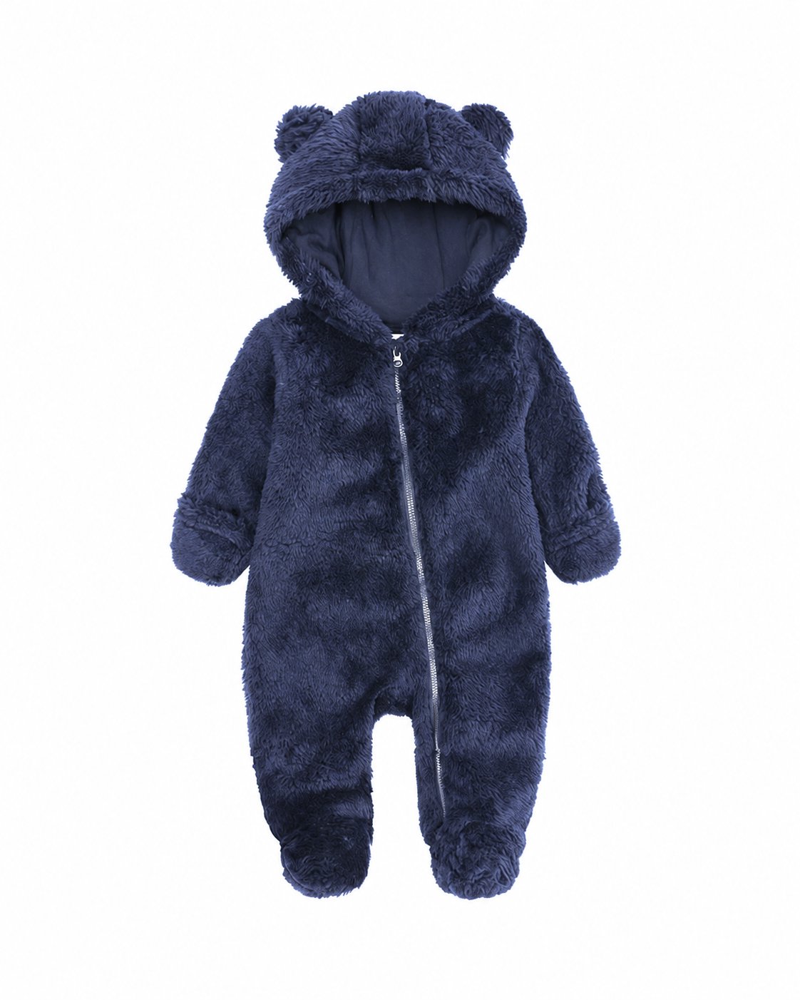 Navy blue baby hooded fleece one-piece with bear ears and covered feet