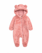 Coral pink baby hooded fleece one-piece with bear ears and covered feet