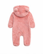 Back view of a coral pink baby fleece one-piece with a bear-ear hood