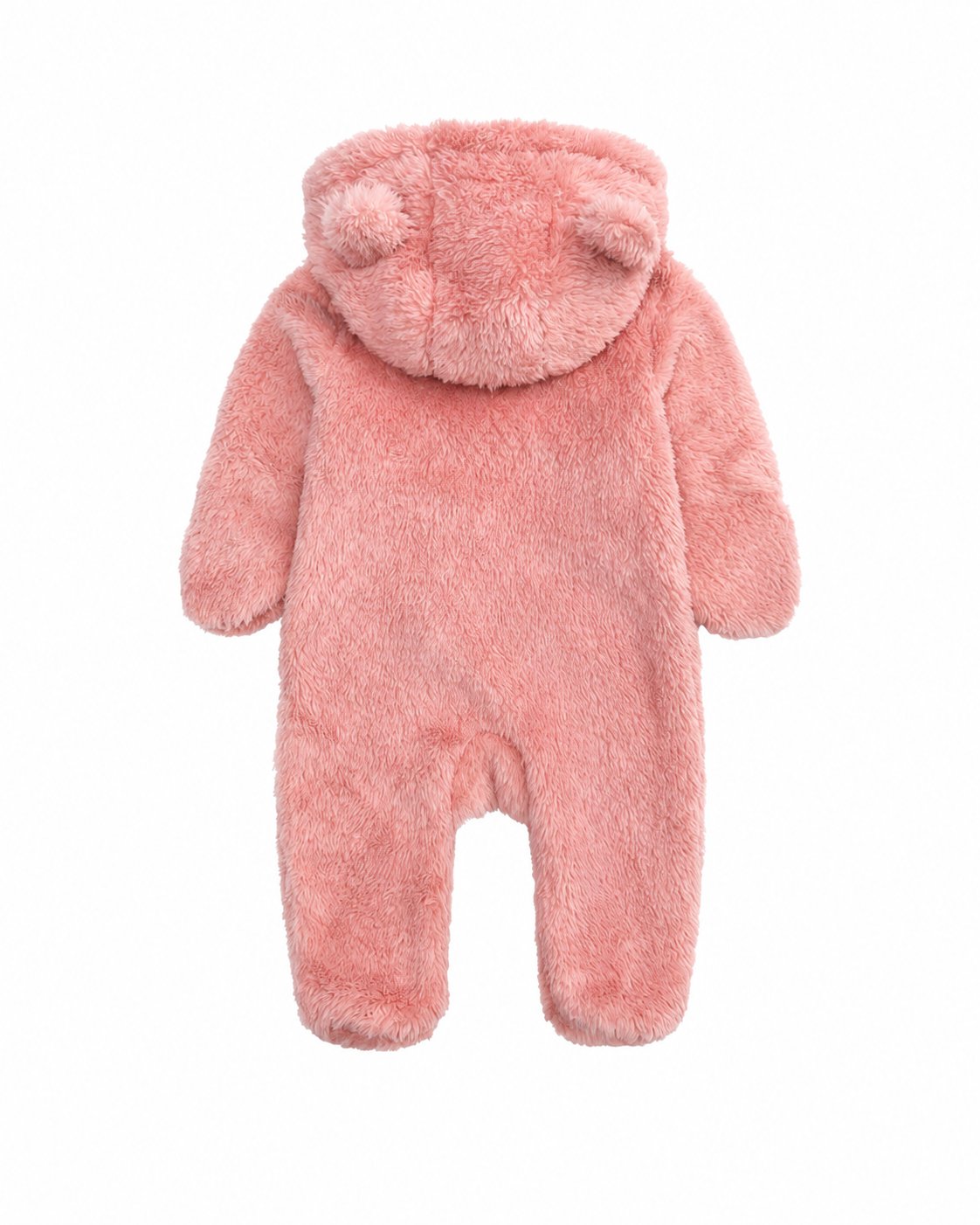 Back view of a coral pink baby fleece one-piece with a bear-ear hood