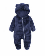 Navy Blue baby hooded fleece one-piece with bear ears, front zipper and covered feet