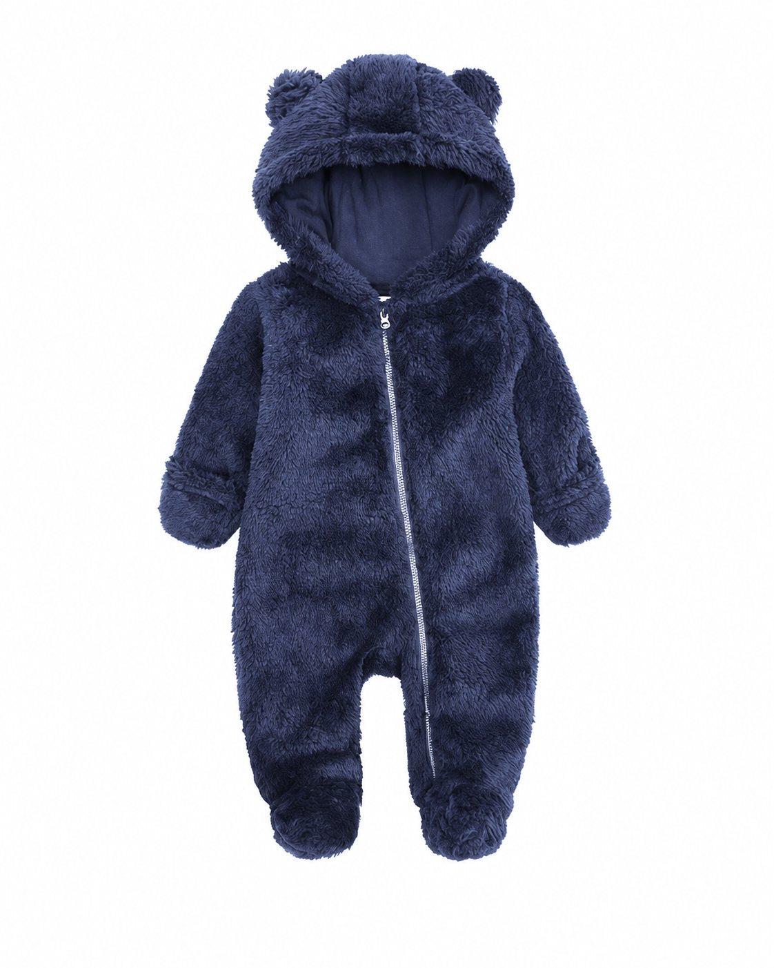 Navy Blue baby hooded fleece one-piece with bear ears, front zipper and covered feet