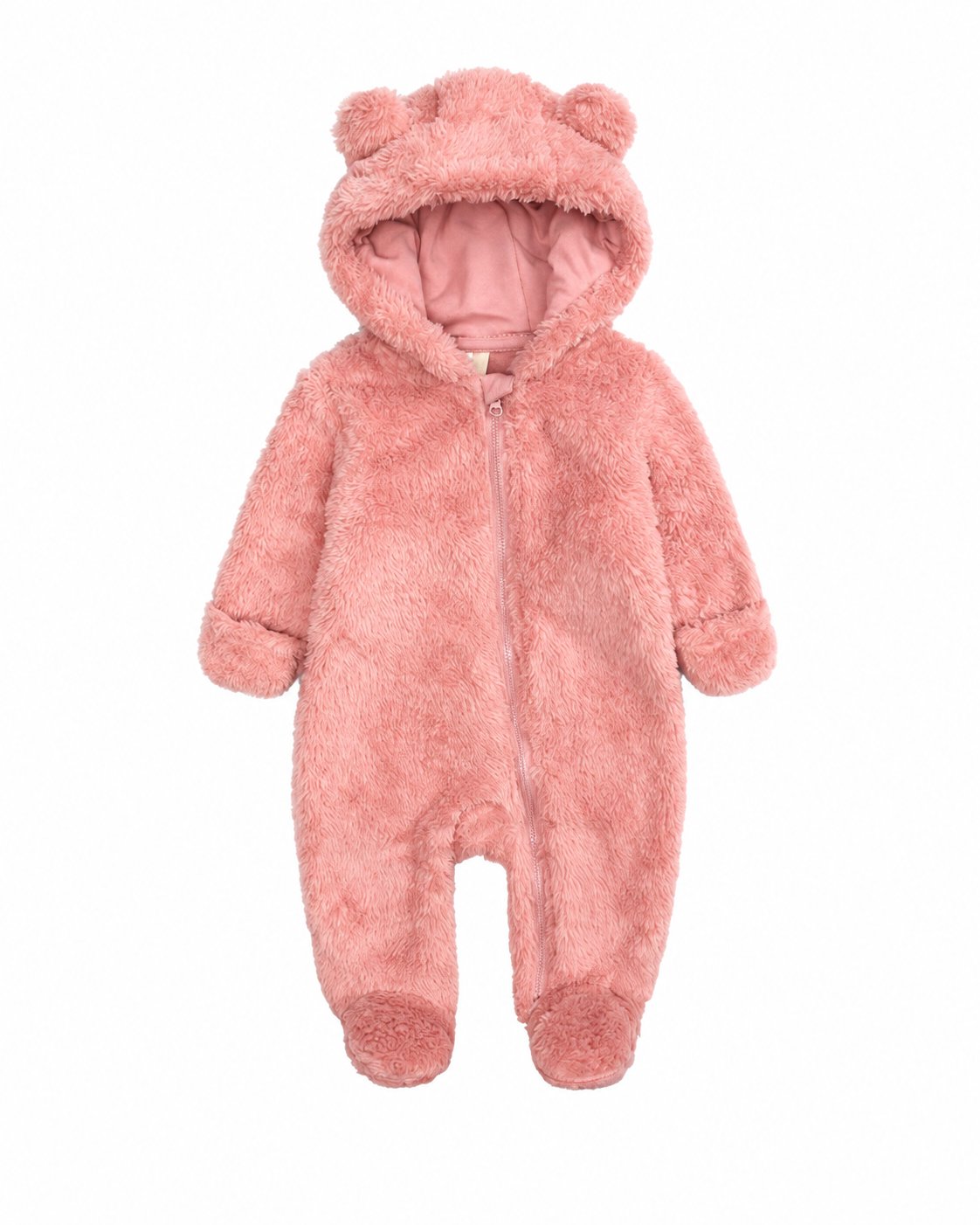 Coral Pink baby hooded fleece one-piece with bear ears, front zipper and covered feet