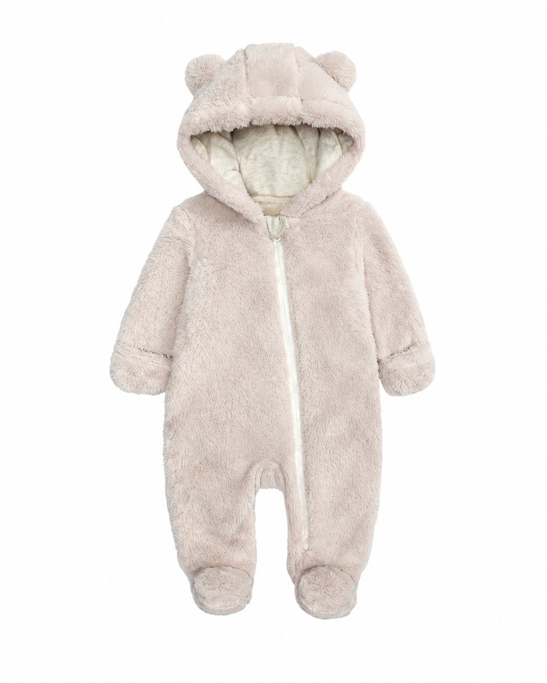 Ivory baby hooded fleece one-piece with bear ears, front zipper and covered feet