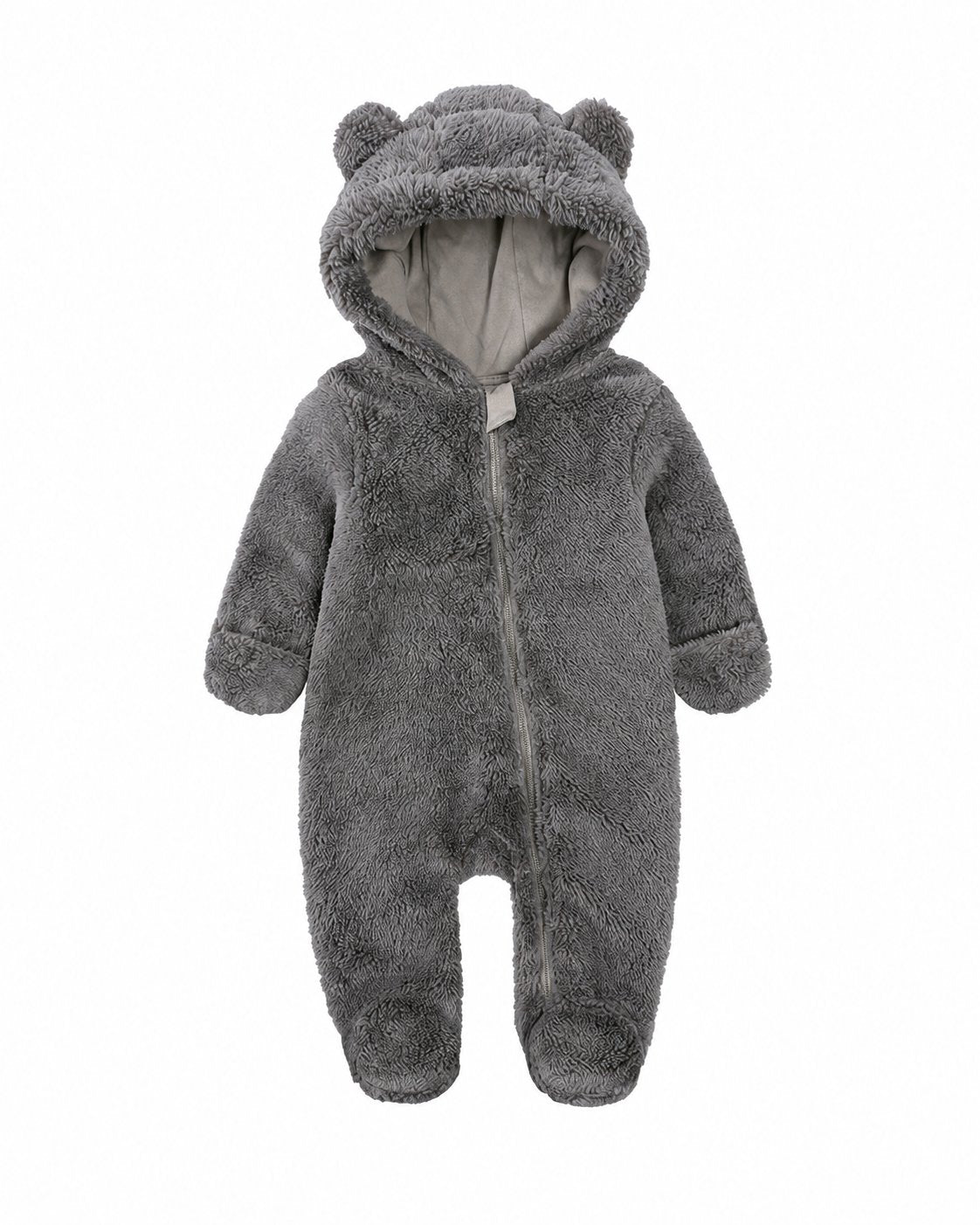 Gray baby hooded fleece one-piece with bear ears, front zipper and covered feet