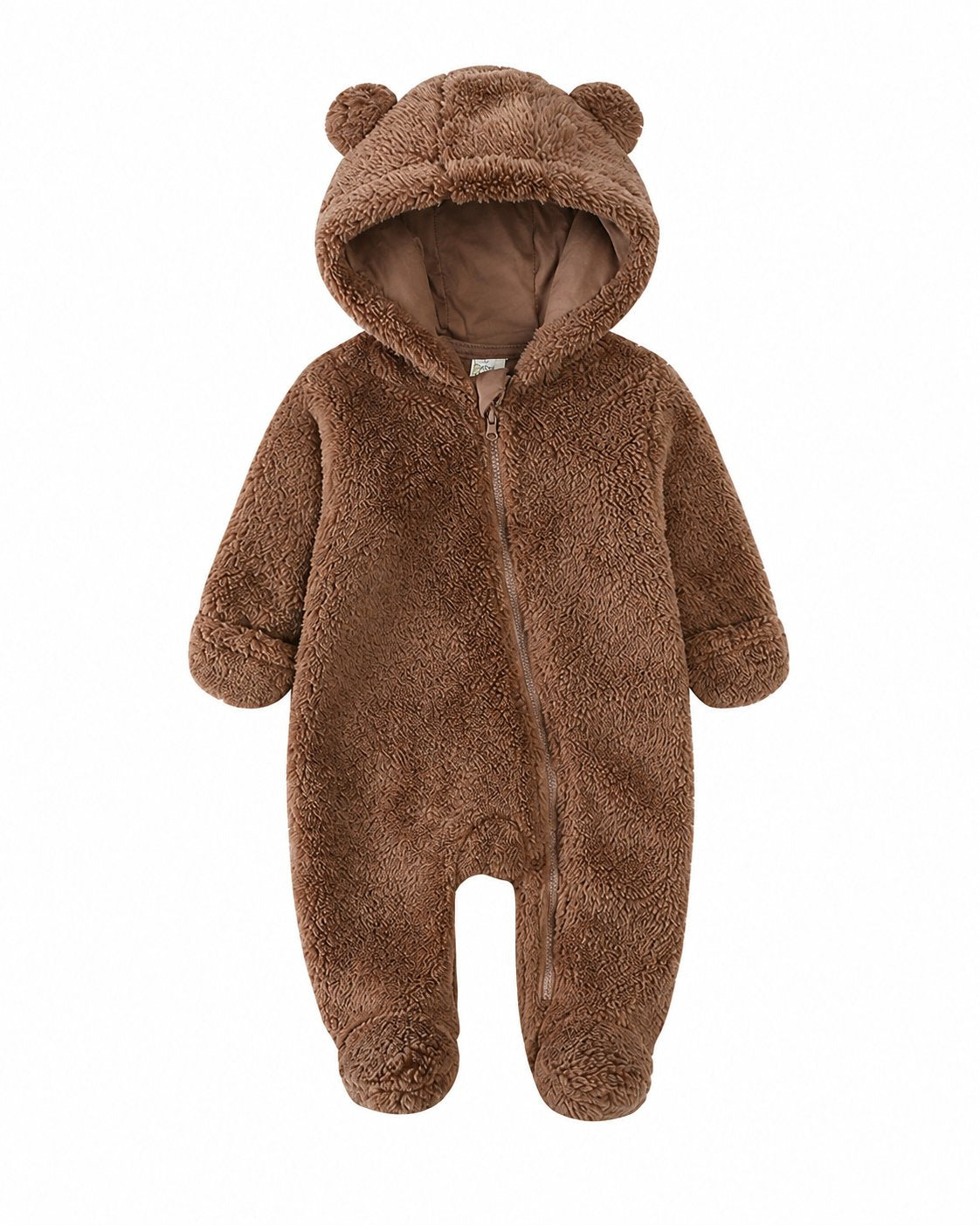 Brown baby hooded fleece one-piece with bear ears, front zipper and covered feet