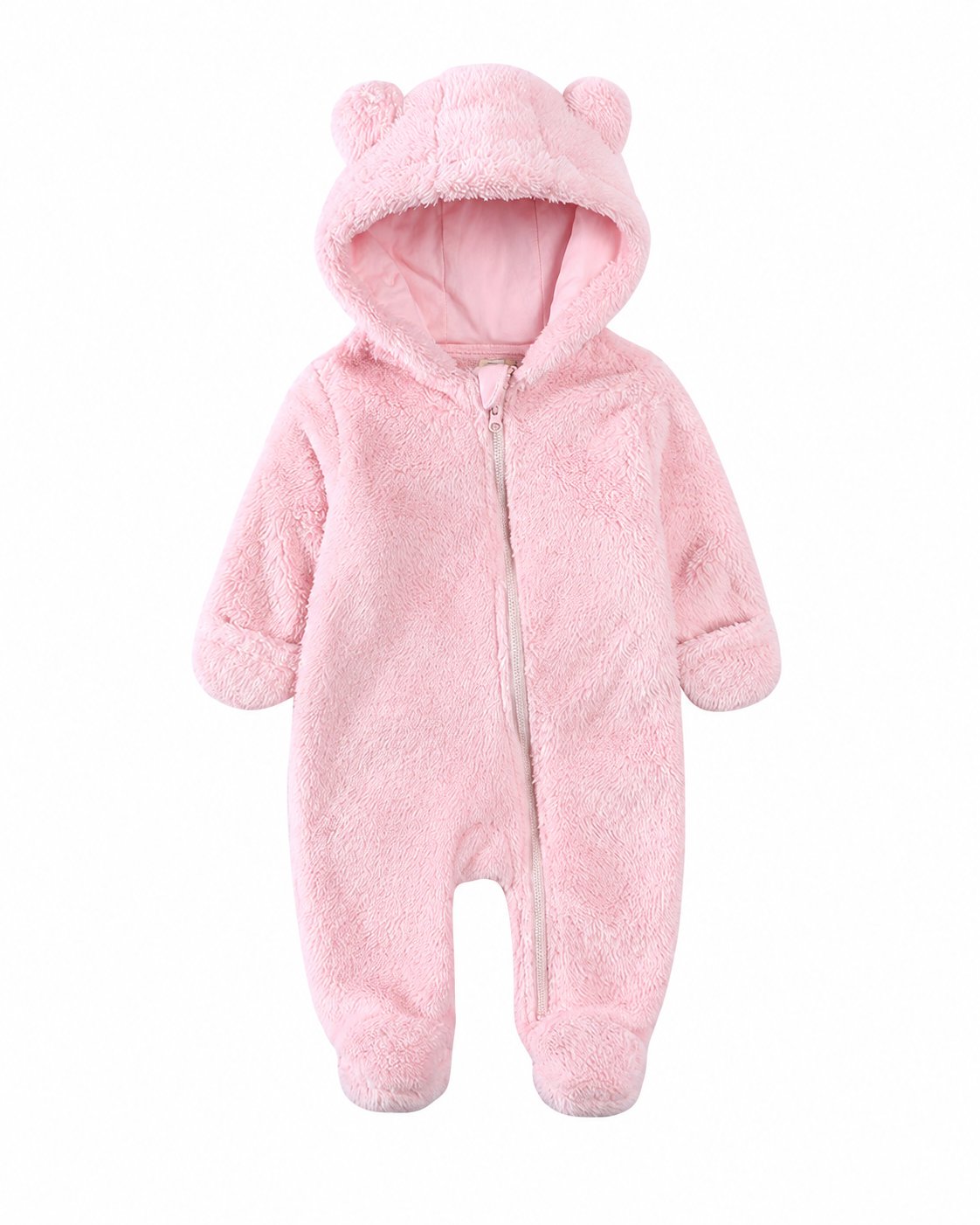 Light Pink baby hooded fleece one-piece with bear ears, front zipper and covered feet