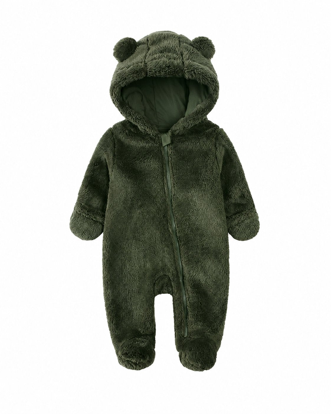 Olive Green baby hooded fleece one-piece with bear ears, front zipper and covered feet