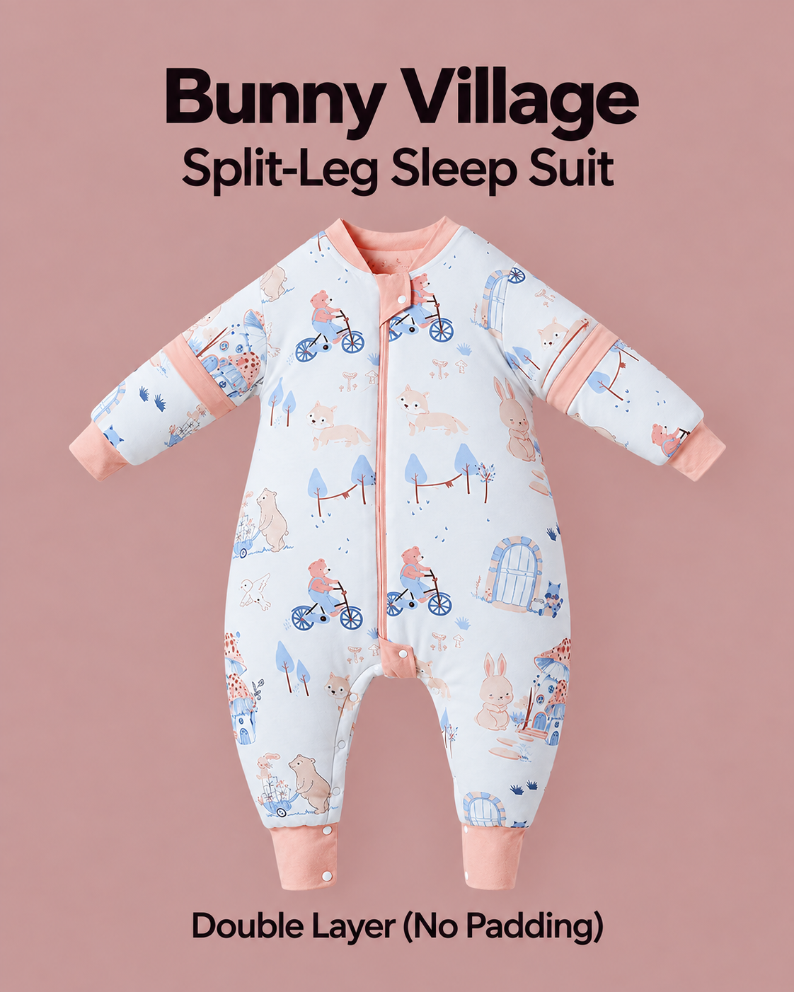 Double Layer (No Padding) split-leg sleep suit in Bunny Village print with peach trim, rabbits, bicycles and village scenes, detachable sleeves and a front zipper