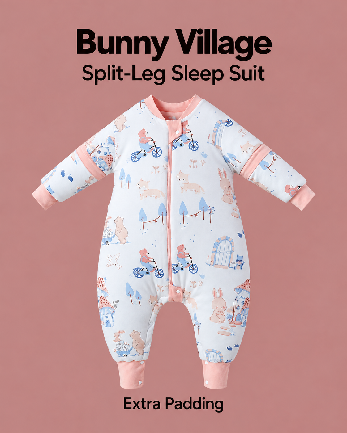 Extra Padding split-leg sleep suit in Bunny Village print with peach trim, rabbits, bicycles and village scenes, detachable sleeves and a front zipper