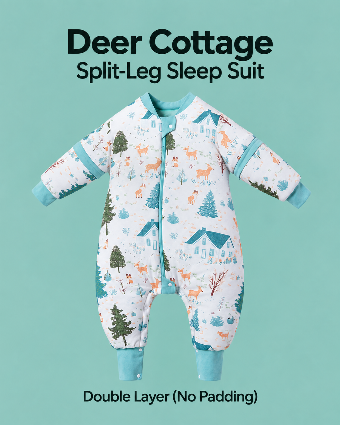 Double Layer (No Padding) split-leg sleep suit in Deer Cottage print with teal trim, deer, cottages and trees, detachable sleeves and a front zipper