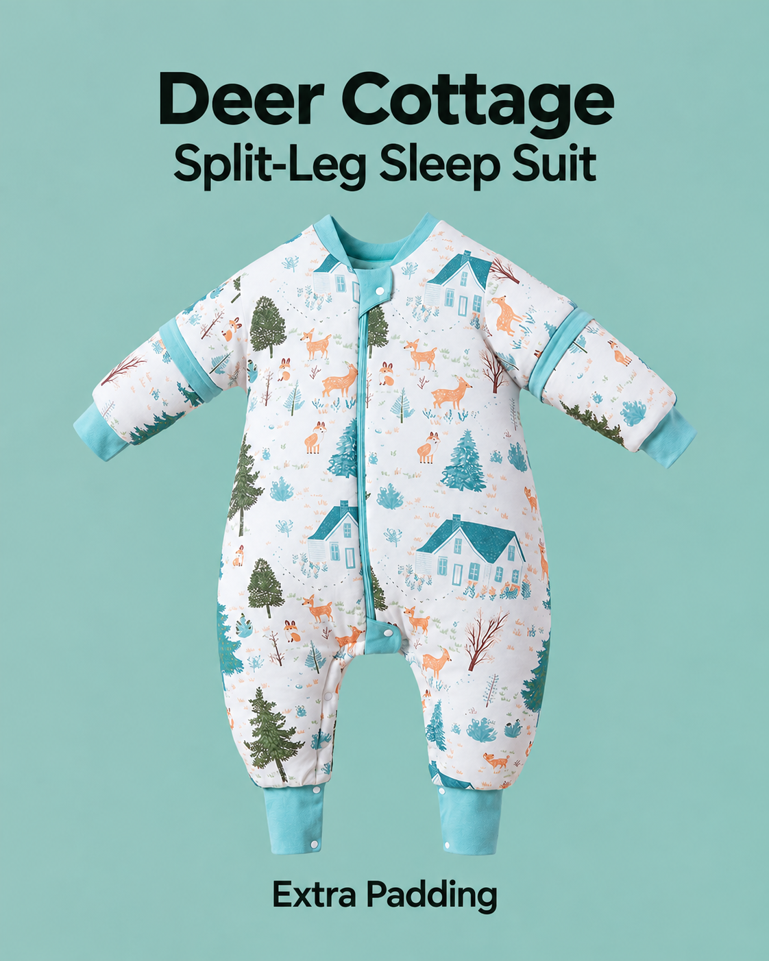 Extra Padding split-leg sleep suit in Deer Cottage print with teal trim, deer, cottages and trees, detachable sleeves and a front zipper