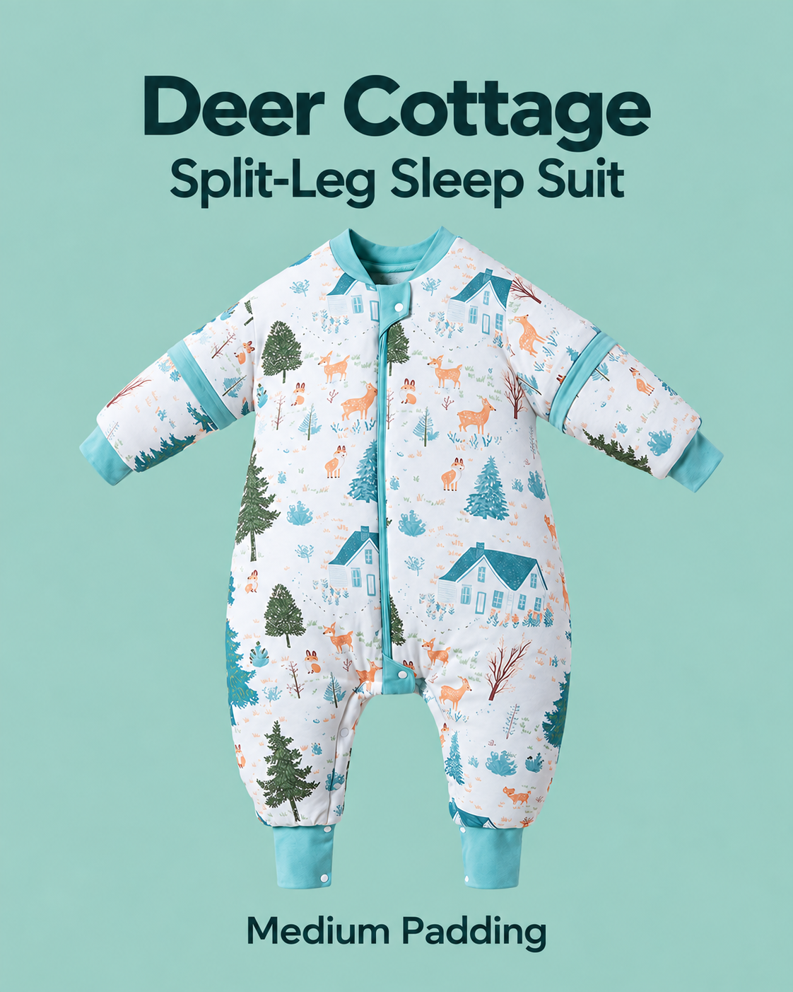 Medium Padding split-leg sleep suit in Deer Cottage print with teal trim, deer, cottages and trees, detachable sleeves and a front zipper