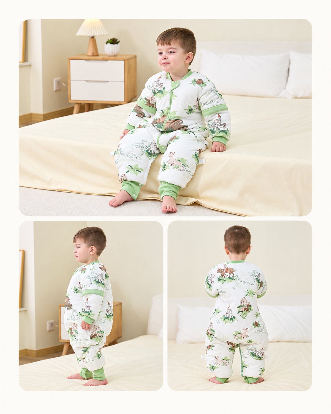 Toddler modeling the Forest Castle split-leg sleep suit, showing seated, side and back views