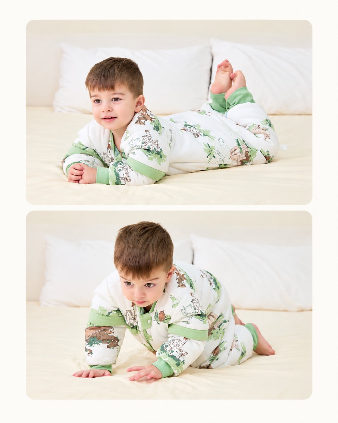 Toddler wearing the green-trim Forest Castle split-leg sleep suit, showing front and crawling views
