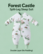 Double Layer (No Padding) split-leg sleep suit in Forest Castle print with green trim, castles, dragons and woodland scenes, detachable sleeves and a front zipper