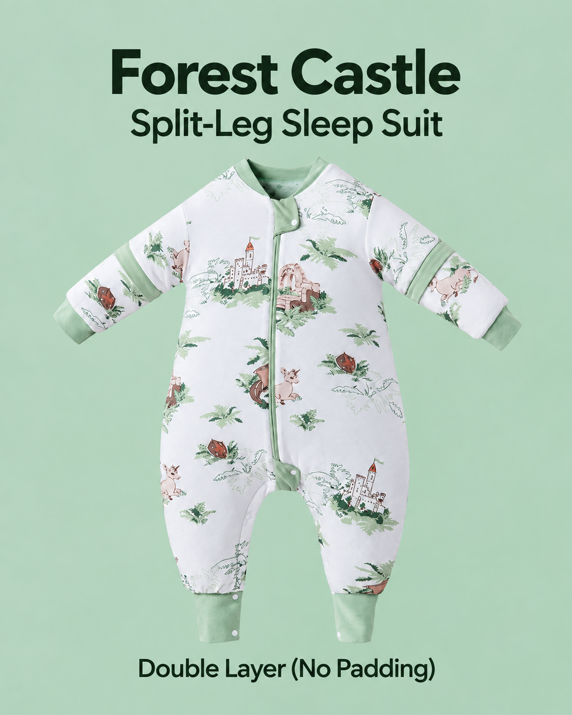 Double Layer (No Padding) split-leg sleep suit in Forest Castle print with green trim, castles, dragons and woodland scenes, detachable sleeves and a front zipper