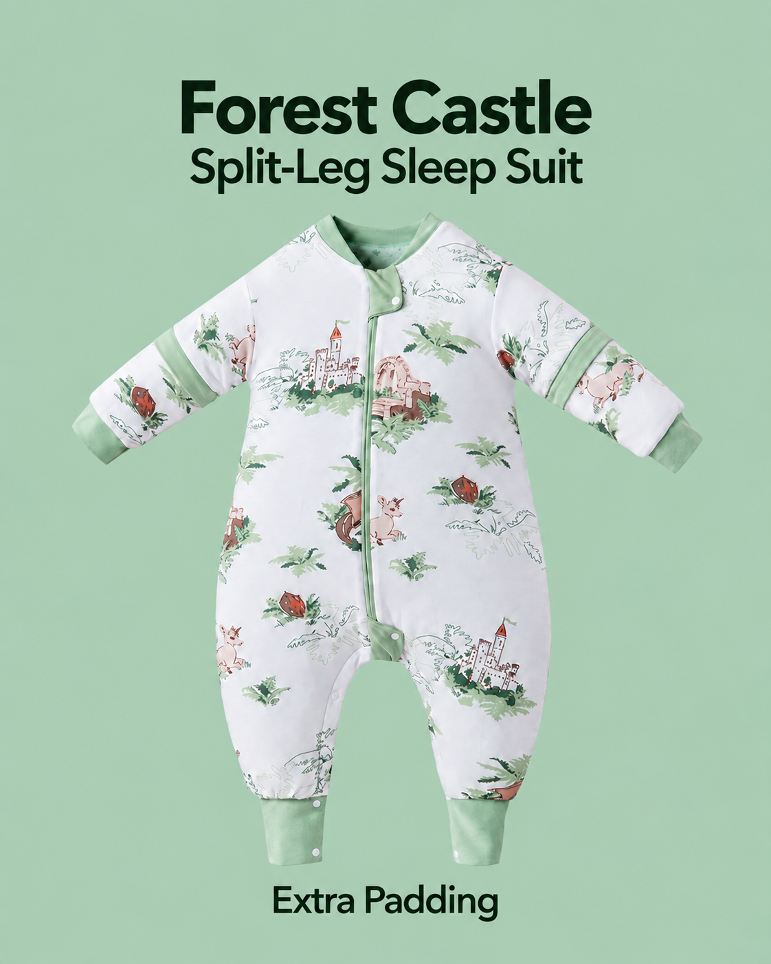 Extra Padding split-leg sleep suit in Forest Castle print with green trim, castles, dragons and woodland scenes, detachable sleeves and a front zipper
