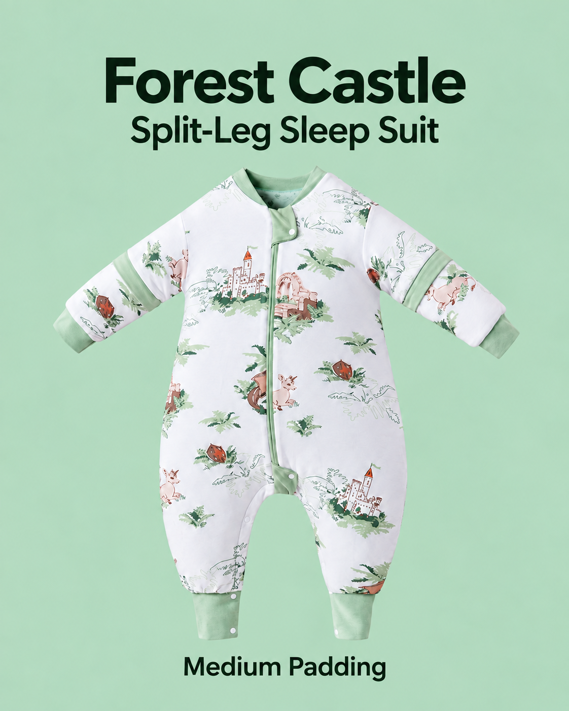 Medium Padding split-leg sleep suit in Forest Castle print with green trim, castles, dragons and woodland scenes, detachable sleeves and a front zipper