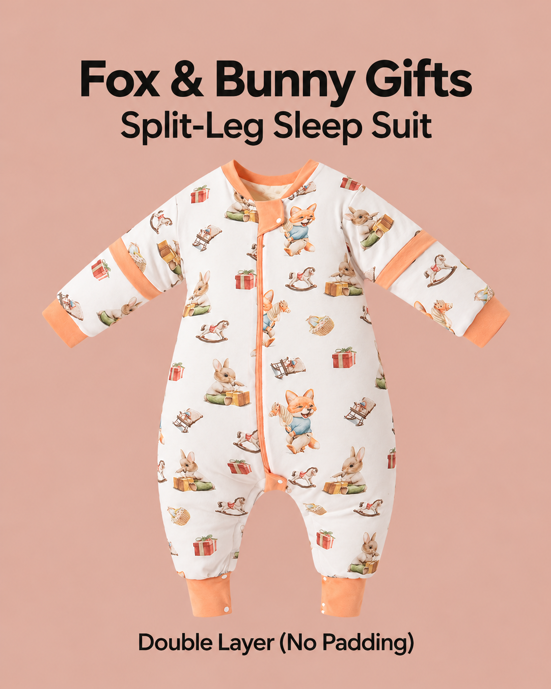 Double Layer (No Padding) split-leg sleep suit in Fox & Bunny Gifts print with orange trim, foxes, rabbits and gift boxes, detachable sleeves and a front zipper