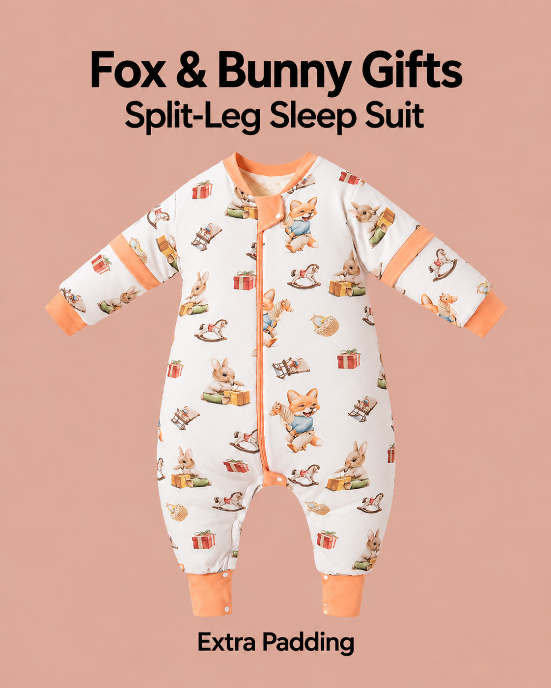 Extra Padding split-leg sleep suit in Fox & Bunny Gifts print with orange trim, foxes, rabbits and gift boxes, detachable sleeves and a front zipper