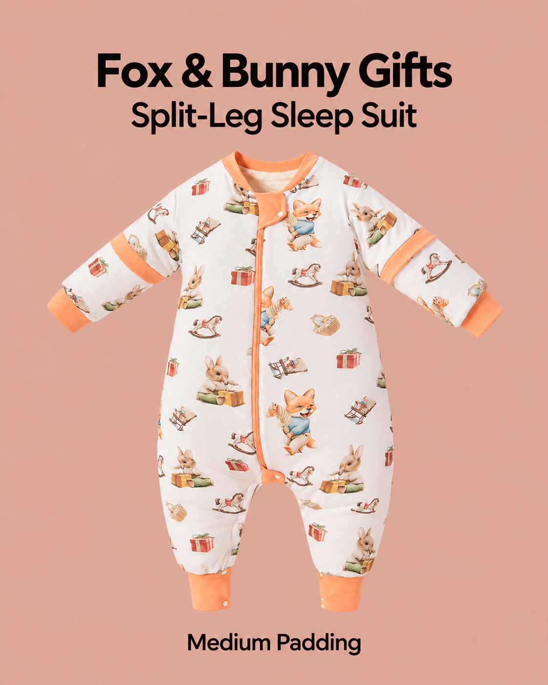Medium Padding split-leg sleep suit in Fox & Bunny Gifts print with orange trim, foxes, rabbits and gift boxes, detachable sleeves and a front zipper