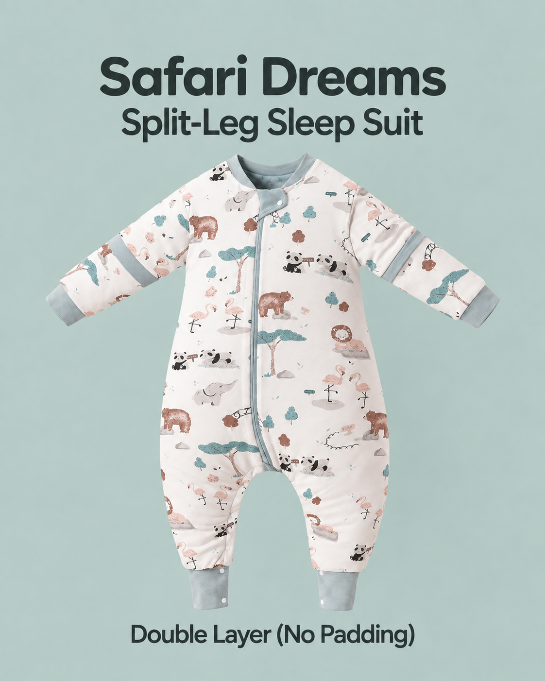 Double Layer (No Padding) split-leg sleep suit in Safari Dreams print with gray-blue trim, pandas, bears, lions, flamingos and trees, detachable sleeves and a front zipper